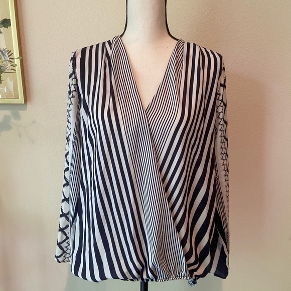 Navy and White Contrasting Print Wrap Top - Picture 2 of 6